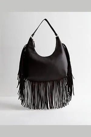 New Look Dark Faux Leather Fringed Shoulder Bag