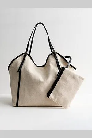New Look Stone Faux Leather Trim Canvas Tote Bag And Pouch Duo