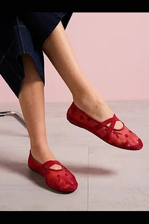 MANGO Ballerina Flats With Cross Straps With Embroidered Flowers