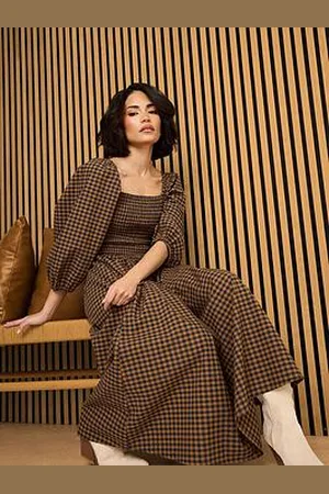 M&Co Petite Gingham Puff Sleeve Dress