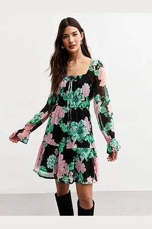 New Look Floral Print Crinkled Chiffon Mini Dress
