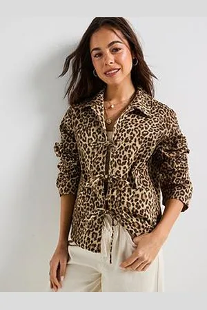 VERO MODA Leopard Print Tie Front Denim Jacket