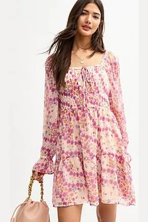 New Look Floral Print Chiffon Long Sleeve Milkmaid Mini Dress