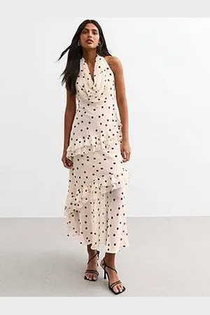 New Look Off White Polka Dot Cowl Neck Chiffon Midi Dress