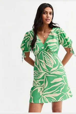 New Look Leaf Print Tie Sleeve Mini Dress