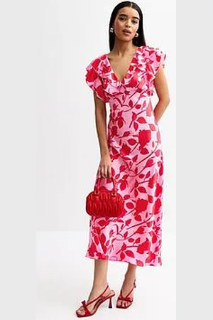 New Look Satin Floral Print Ruffle Trim Midi Dress