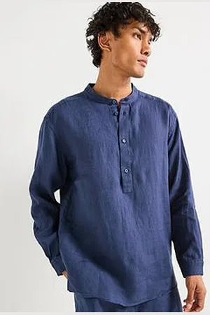 HUGO BOSS C-Cory Relaxed Fit Collarless Linen Shirt - Navy