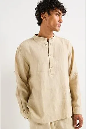 HUGO BOSS C-Cory Relaxed Fit Collarless Linen Shirt