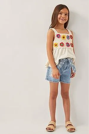 Monsoon Girls Floral Embroidered Belted Denim Shorts