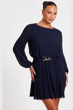 Quiz Navy Chiffon Long Sleeve Skater Dress