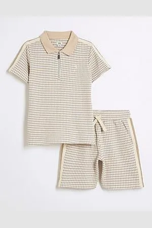 River Island Boys Taped Polo Shirt Set - Stone - Beige