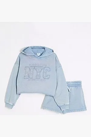 River Island Girls Washed Nyc Shorts And Hoodie Set
