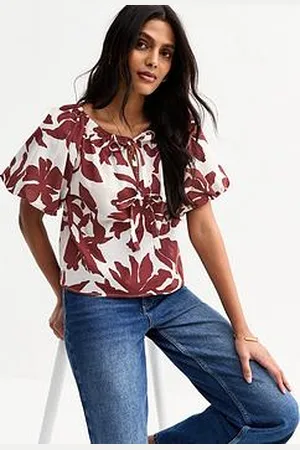 New Look Printed Tie Front Puff Sleeve Top