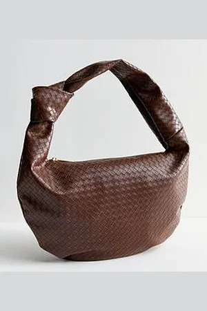 New Look Dark Faux Leather Woven Look Knotted Shoulder Bag