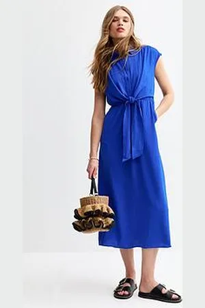 New Look Bright Crinkle Texture Tie Front Midi Shirt Dress