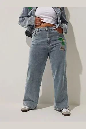 Yours Curve Palm Tree Embroidered Denim Jeans