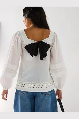 Very Square Neck Blouson Sleeve Tie Back