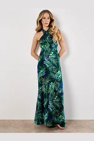 Apricot Tropical Leaf Print Satin Maxi Dress