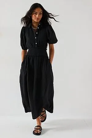 Very Cheese Cloth Shirred Waist Midi Shirt Dress