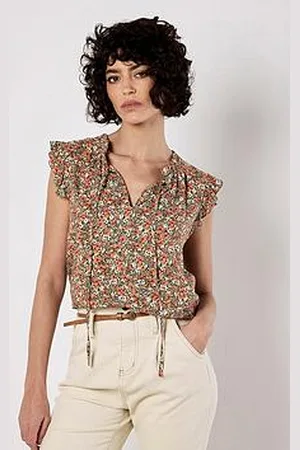 Apricot Ditsy Ruffle Sleeve Tie Neck Top