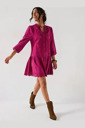 Very Tie Neck Broderie Mini Dress - Burgundy