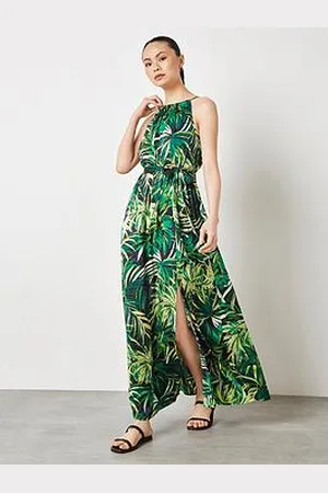 Apricot Halterneck Tropical Maxi Dress