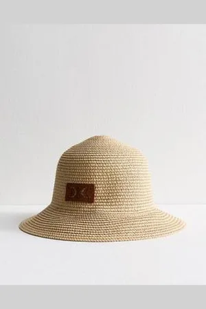 New Look Faux Leather Patch Straw Effect Bucket Hat