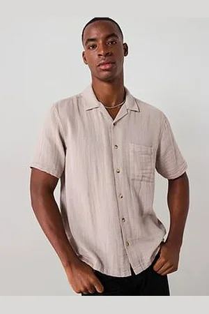 Very Man Short Sleeve Revere Textured Cotton Shirt - Beige