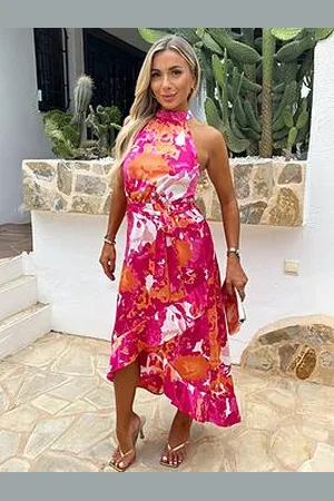 Ax Paris And Peach Abstract Printed Halterneck Tie Waist Dipped Hem Midi Dress