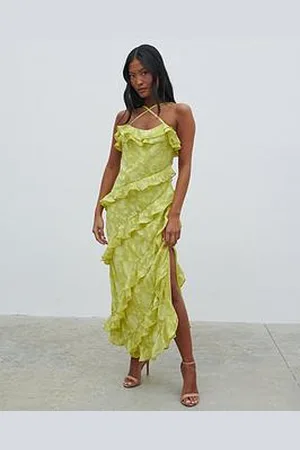 Pretty Lavish Aryana Jacquard Ruffle Midaxi Dress - Chartreuse