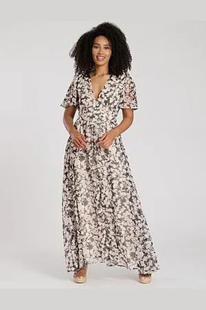 South Beach Printed Metallic Chiffon Button Detail Midi Dress