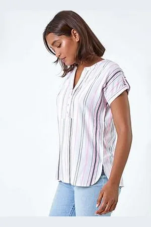 Roman Stripe Print Button Detail V-Neck Top