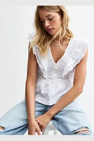 New Look Laced Frilly Button V-Neck Top