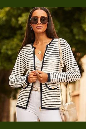 Sosandar Black & White Stripe Zip Detail Cardigan