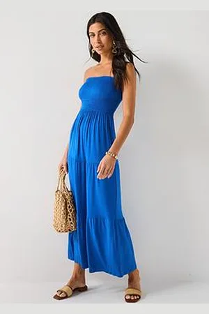 Everyday Basic Shirred Bandeau Tiered Maxi Dress