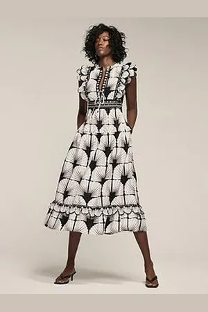 mint&berry White Cotton Shell Print Midi Dress