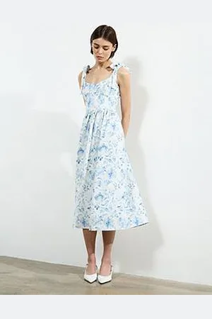 French Connection Floral Print Crepe Bow-Tie Sleeveless A-Line Midi Dress