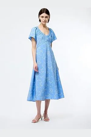 French Connection Floral Print Ruched V-Neck Drape A-Line Midi Dress