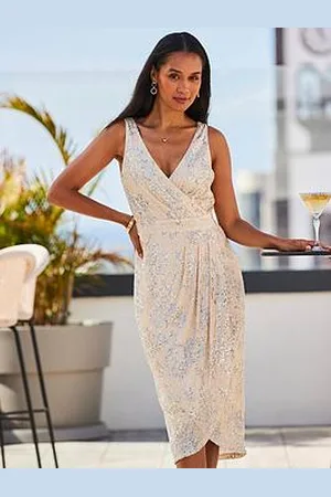 Sosandar Champagne Scattered Sequin Wrap Front Dress