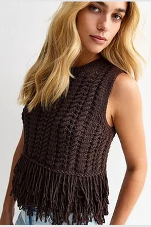 New Look Dark Open Knit Fringe Trim Sleeveless Vest