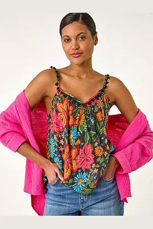Roman Floral Printed Pom Pom Cami Top