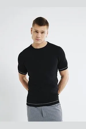 River Island Short Sleeve Checkerboard Muscle Fit Knitted T-Shirt