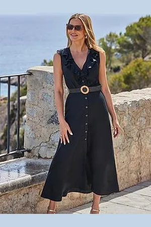Sosandar Linen Blend Ruffle Detail Button Front Dress