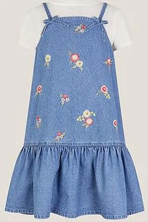 Monsoon Girls Floral Denim Dress And T-Shirt Set