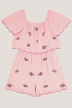 Monsoon Girls Floral Embroidered Gingham Playsuit