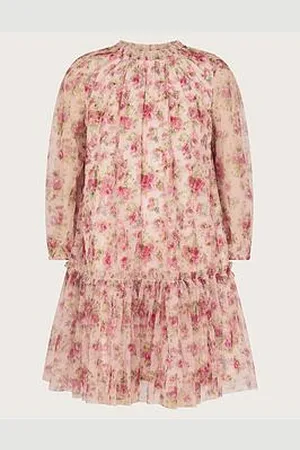 Monsoon Girls Long Sleeve Floral Frill Dress