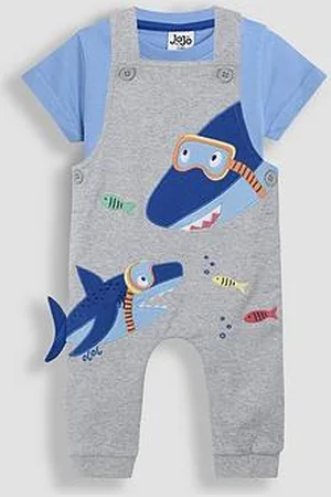 JoJo Maman Bébé Baby Boys 2-Piece Shark Applique Dungarees & T-Shirt Set