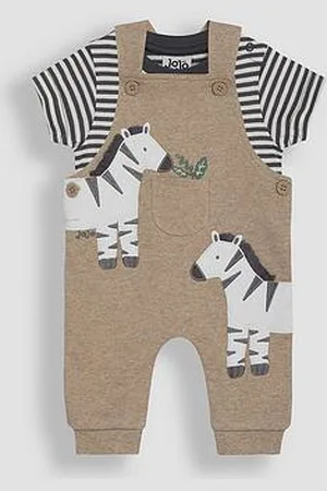 JoJo Maman Bébé Baby Boys 2-Piece Zebra Applique Dungarees & Rib T-Shirt Set