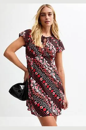 New Look Floral And Tomato Print Crepe Mini Dress