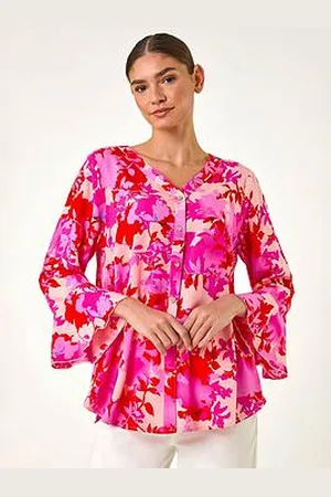 Roman Floral Print Flare Sleeve Blouse